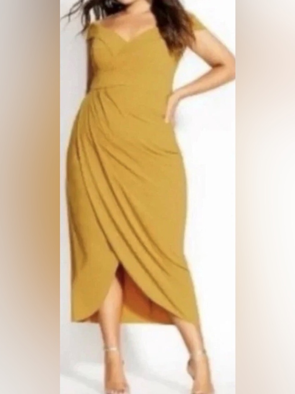 Gold Faux Wrap Front Midi Dress - Women